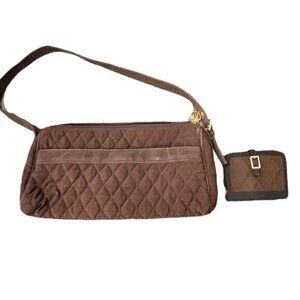 Vera Bradley Brown Quilted Microfiber Shoulder Bag Handbag Purse Zip + Card Case
